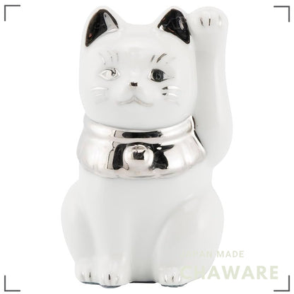 Seto Ware Maneki Neko White Left Paw Platinum Mini Ceramic Lucky Cat Ornament Made in Japan 5x9cm