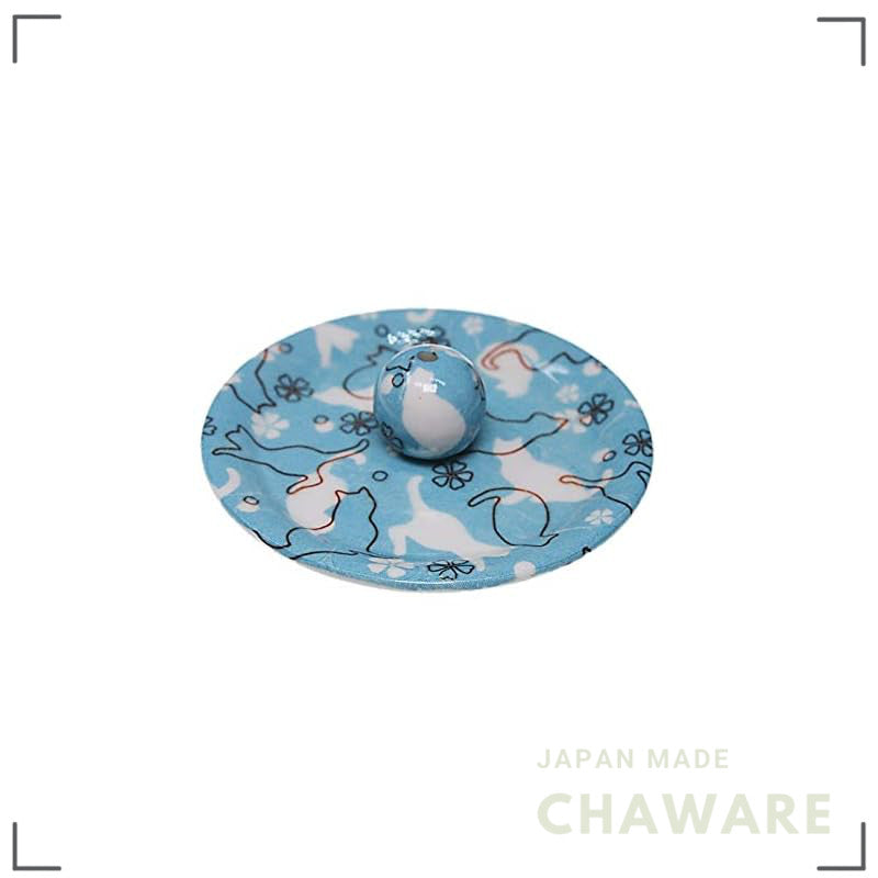 Neko Land Blue Round Incense Dish Japanese Made Mino Ware Cute Cat Incense Holder Stand ACS Web Shop