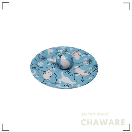 Neko Land Blue Round Incense Dish Japanese Made Mino Ware Cute Cat Incense Holder Stand ACS Web Shop
