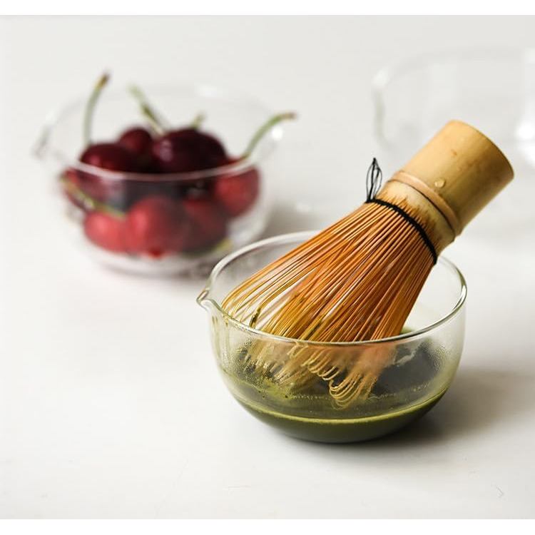 Clear Heat-Resistant Glass Matcha Bowl 11.5x6.2cm with Whisk Holder, Japanese Tea Ceremony Set