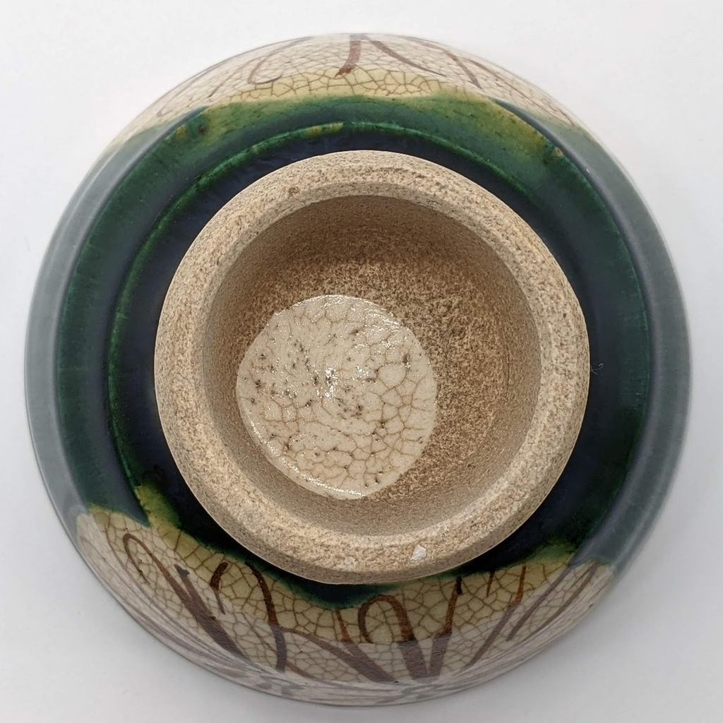Seto Ware Oribe Green Chrysanthemum Rice Bowl, 12cm Raised-Foot — Made in Japan
