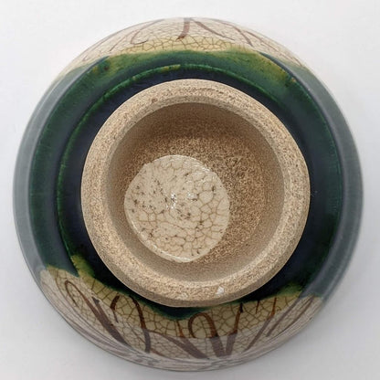 Seto Ware Oribe Green Chrysanthemum Rice Bowl, 12cm Raised-Foot — Made in Japan