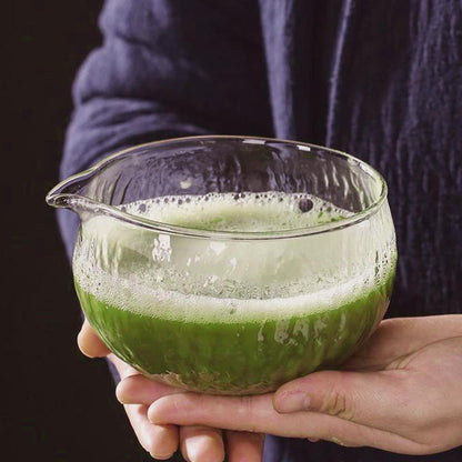 MiniMood Glass Matcha Bowl 13cm 500ml Clear Hammered Traditional Japanese Tea Ceremony Gift