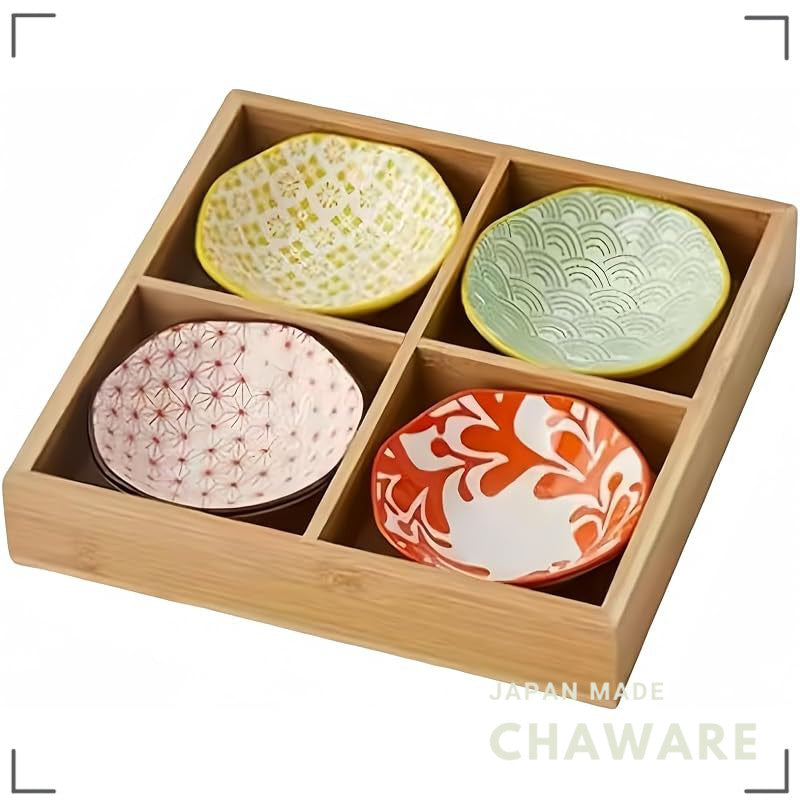 ZanLore Japanese Ceramic Small Plate Set with Bamboo Divided Tray – Lightweight Multi-Purpose Condiment, Soy Sauce & App