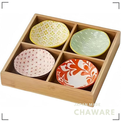 ZanLore Japanese Ceramic Small Plate Set with Bamboo Divided Tray – Lightweight Multi-Purpose Condiment, Soy Sauce & App