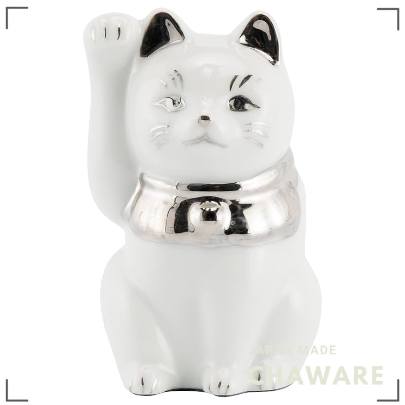 Seto Ware Maneki Neko White Right-Paw Platinum Mini Ceramic Lucky Cat Ornament 5×9cm Made in Japan