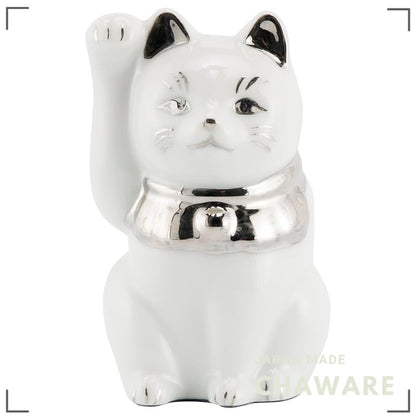 Seto Ware Maneki Neko White Right-Paw Platinum Mini Ceramic Lucky Cat Ornament 5×9cm Made in Japan