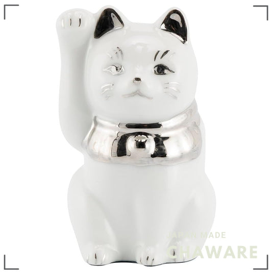 Seto Ware Maneki Neko White Right-Paw Platinum Mini Ceramic Lucky Cat Ornament 5×9cm Made in Japan