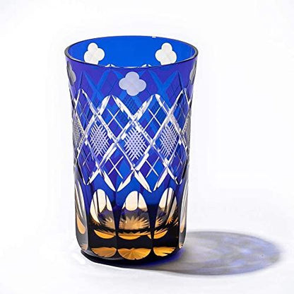 TABLEAU Edo Kiriko Tumbler Amber Cobalt Blue, Yotsuba Yarai Fish-Eye Pattern, Made in Japan Gift Box