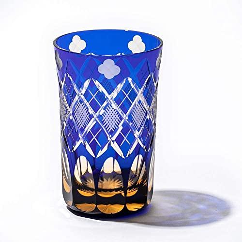 TABLEAU Edo Kiriko Tumbler Amber Cobalt Blue, Yotsuba Yarai Fish-Eye Pattern, Made in Japan Gift Box