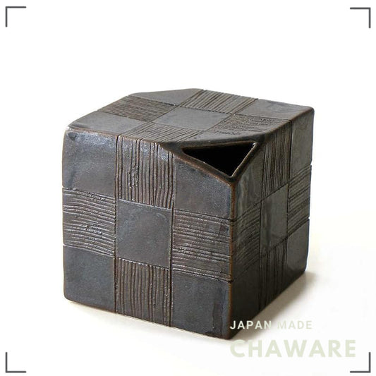 Seto Ceramic Black Glaze Checkered Dice Flower Vase - Stylish Japanese Modern Wafu, Made in Japan