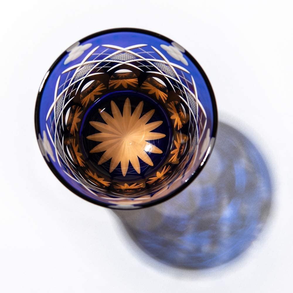 TABLEAU Edo Kiriko Tumbler Amber Cobalt Blue, Yotsuba Yarai Fish-Eye Pattern, Made in Japan Gift Box