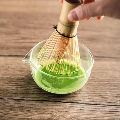 Clear Heat-Resistant Glass Matcha Bowl 11.5x6.2cm with Whisk Holder, Japanese Tea Ceremony Set