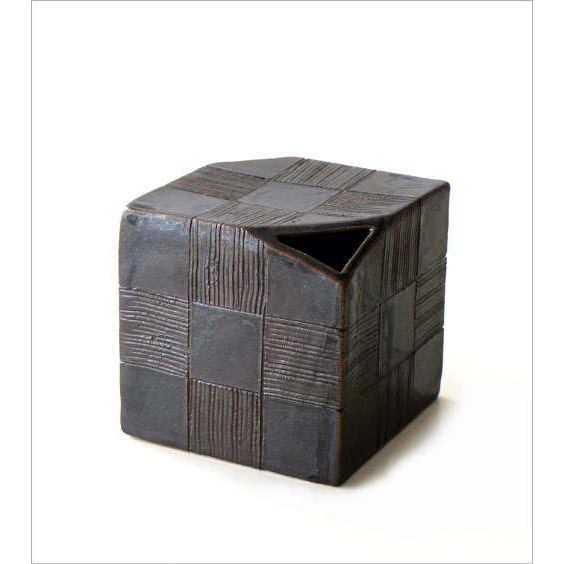 Seto Ceramic Black Glaze Checkered Dice Vase - Stylish Japanese Modern Wafu, Made in Japan