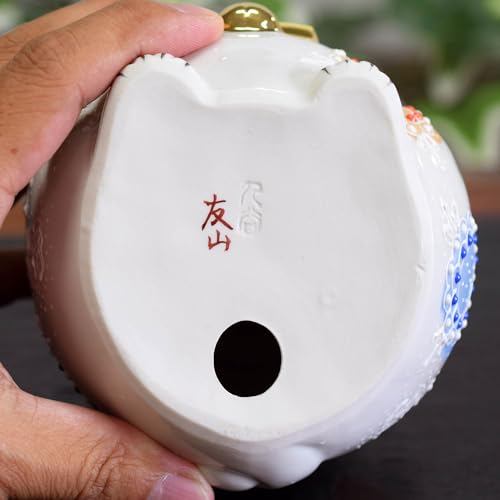Kutani Ware Maneki Neko Figurine, Cute Japanese Lucky Cat, Both Paws Raised, Feng Shui Decor Gift