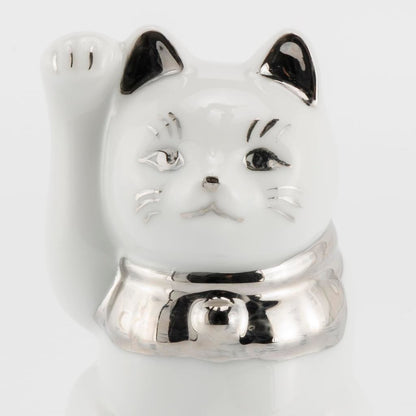 Seto Ware Maneki Neko White Right-Paw Platinum Mini Ceramic Lucky Cat Ornament 5x9cm Made in Japan