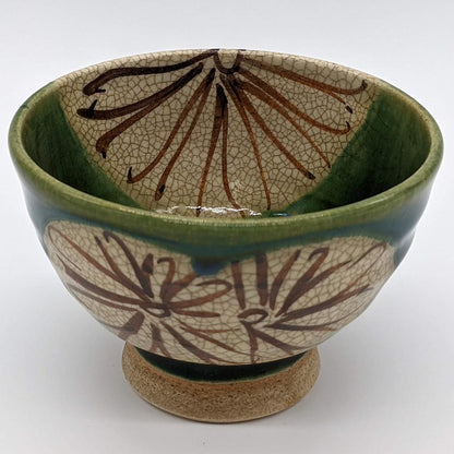 Seto Ware Oribe Green Chrysanthemum Rice Bowl, 12cm Raised-Foot — Made in Japan