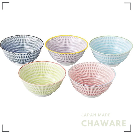 Ale-net Mino-yaki Porcelain Donburi Bowl 5-Piece Set Assorted Stripe Colors 14.8×6cm - Made in Japan