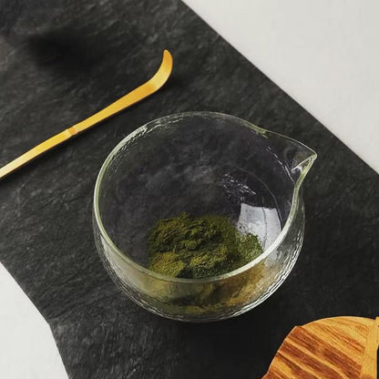MiniMood Glass Matcha Bowl 13cm 500ml Clear Traditional Japanese Tea Ceremony Hammered Design Gift