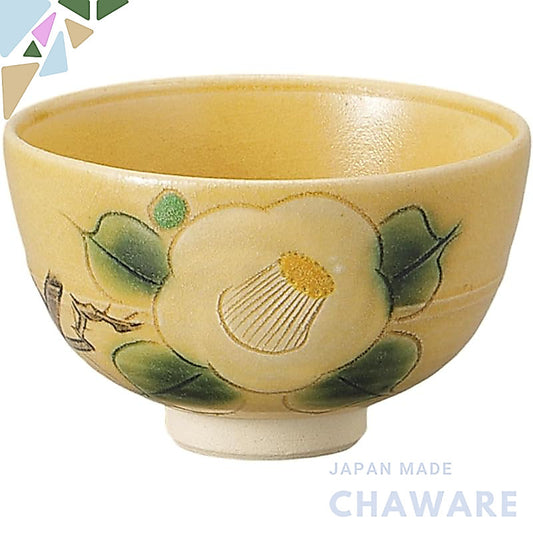 Ale-net Matcha Chawan 13×8cm Yellow Seto Camellia Ceramic Mino Ware w/ Wooden Box Made in Japan