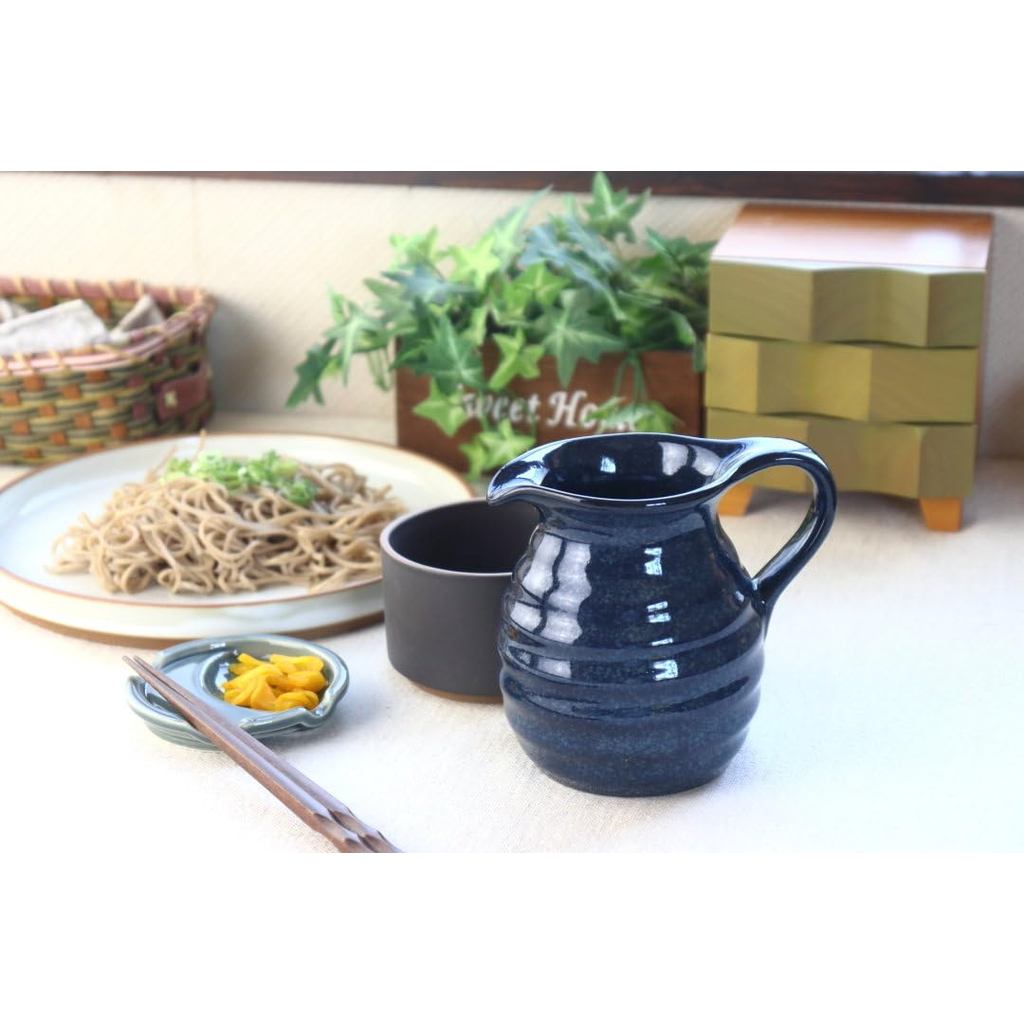 cerapockke Seto-yaki Tokkuri with Handle - Kiln-Glazed Navy Ceramic, Japan-made Sake & Sauce Pourer