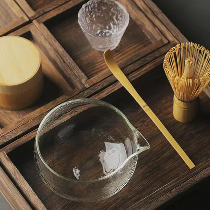 MiniMood Glass Matcha Bowl 13cm 500ml Clear Traditional Japanese Tea Ceremony Hammered Design Gift