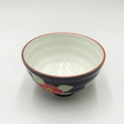 【made in japan】
Hasami Porcelain Rice Bowl, Hand-Painted by Yamashita Ceramics, Featuring Glazed Camellia Design in Navy Color