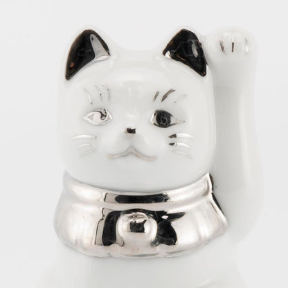 Seto Ware Maneki Neko White Left Paw Platinum Mini Ceramic Lucky Cat Ornament Made in Japan 5x9cm
