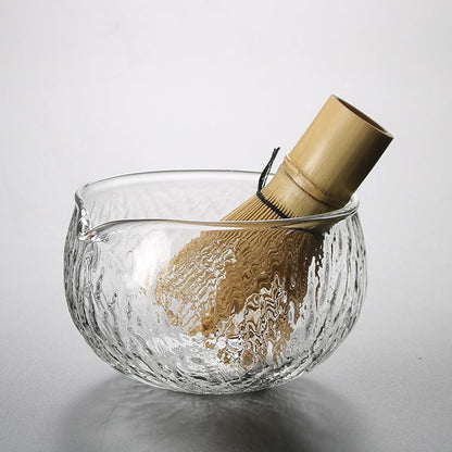 MiniMood Glass Matcha Bowl 13cm 500ml Clear Hammered Traditional Japanese Tea Ceremony Gift