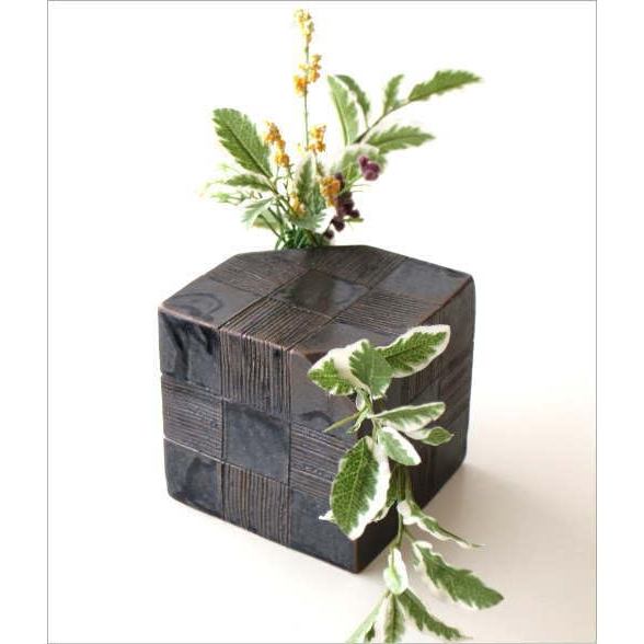 Seto Ceramic Black Glaze Checkered Dice Vase - Stylish Japanese Modern Wafu, Made in Japan