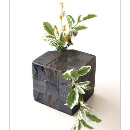 Seto Ceramic Black Glaze Checkered Dice Vase - Stylish Japanese Modern Wafu, Made in Japan