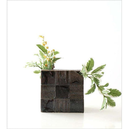 Seto Ceramic Black Glaze Checkered Dice Vase - Stylish Japanese Modern Wafu, Made in Japan