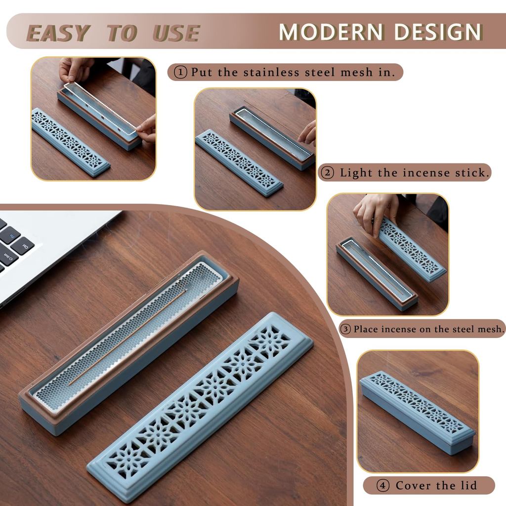Ceramic Horizontal Coffin-Style Incense Holder with Ash Catcher & Stainless Mesh — Safe Lying Stick Incense Burner for Meditation, Yoga, Spa, Altar & Home Decor