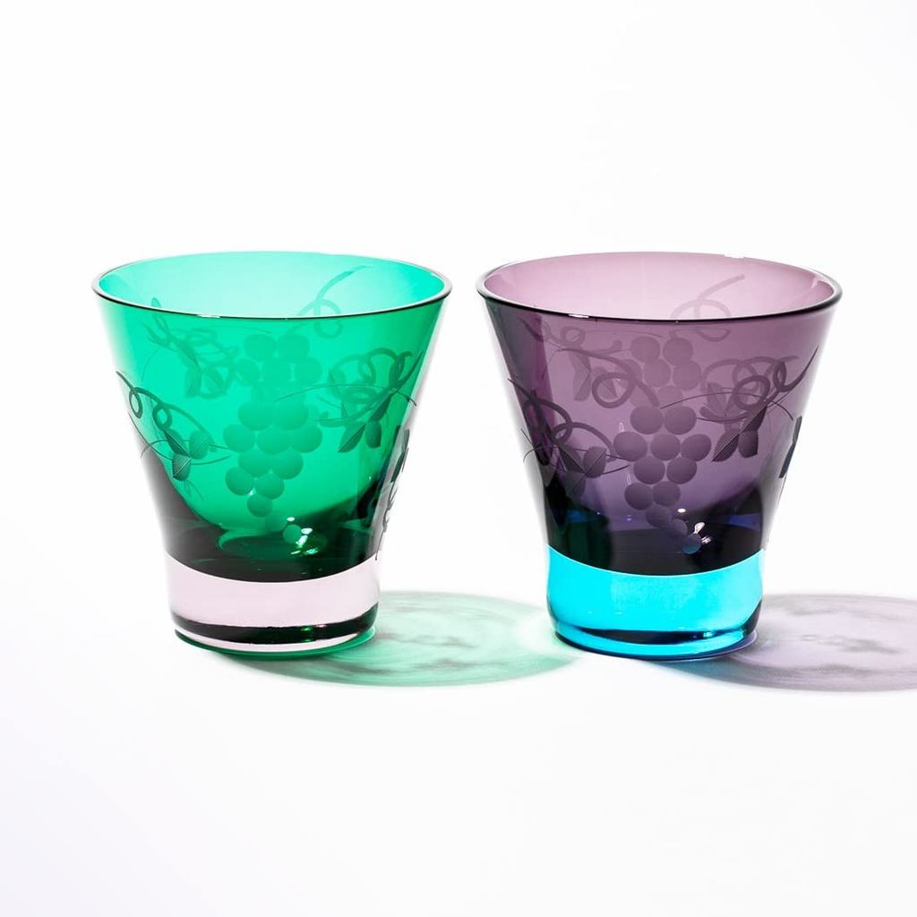TABLEAU Edo Kiriko Grape Pattern Pedestal Glass Pair Green Purple Japan Gift Set TB30679/35679