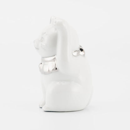 Seto Ware Maneki Neko White Left Paw Platinum Mini Ceramic Lucky Cat Ornament Made in Japan 5x9cm