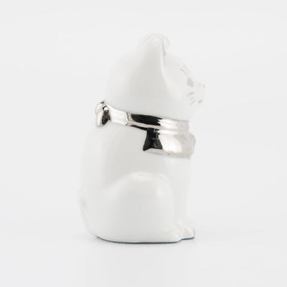 Seto Ware Maneki Neko White Left Paw Platinum Mini Ceramic Lucky Cat Ornament Made in Japan 5x9cm