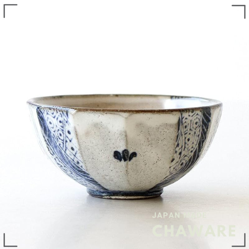 Japanese Seto Ware Ceramic Rice Bowl - Handmade Kohiki Faceted Vintage-Style Simple Tableware