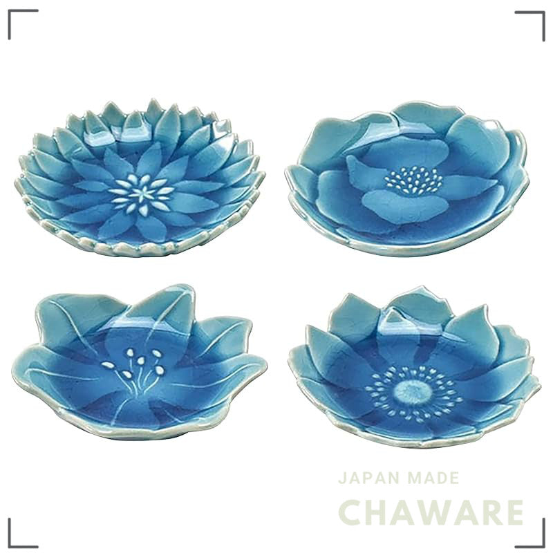 Aito Seisakusho "Katachi" Set of 4 Small Seto Ceramic Plates 7.7×7.5 cm Asagi Blue — Microwave & Dishwasher Safe Made in