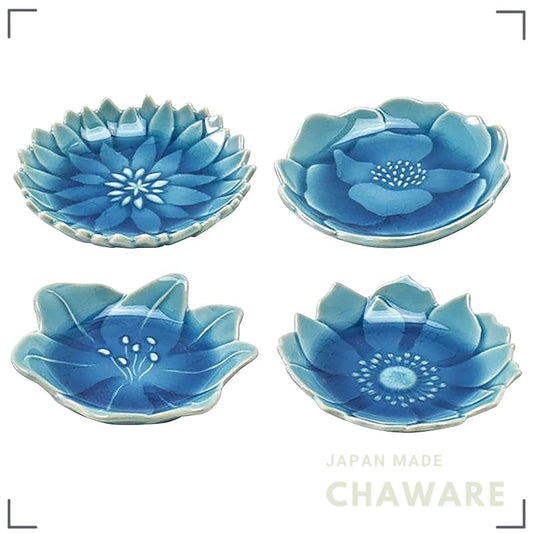 Aito Seisakusho "Katachi" Set of 4 Small Seto Ceramic Plates 7.7×7.5 cm Asagi Blue — Microwave & Dishwasher Safe Made in