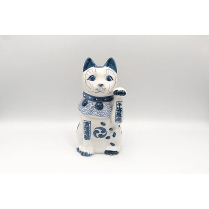 Japanese Seto Ware Blue-and-White Porcelain Maneki Neko Lucky Cat Left Paw Raised Home Decor