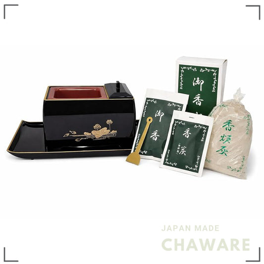Compact Japanese Lacquerware Incense Offering Set - Koro Burner, Incense Tray, Charcoal, Ash Scraper