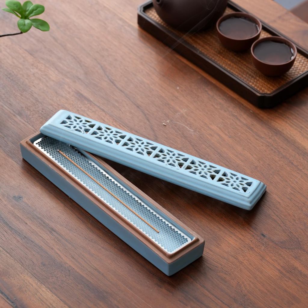 Ceramic Horizontal Coffin-Style Incense Holder with Ash Catcher & Stainless Mesh — Safe Lying Stick Incense Burner for Meditation, Yoga, Spa, Altar & Home Decor