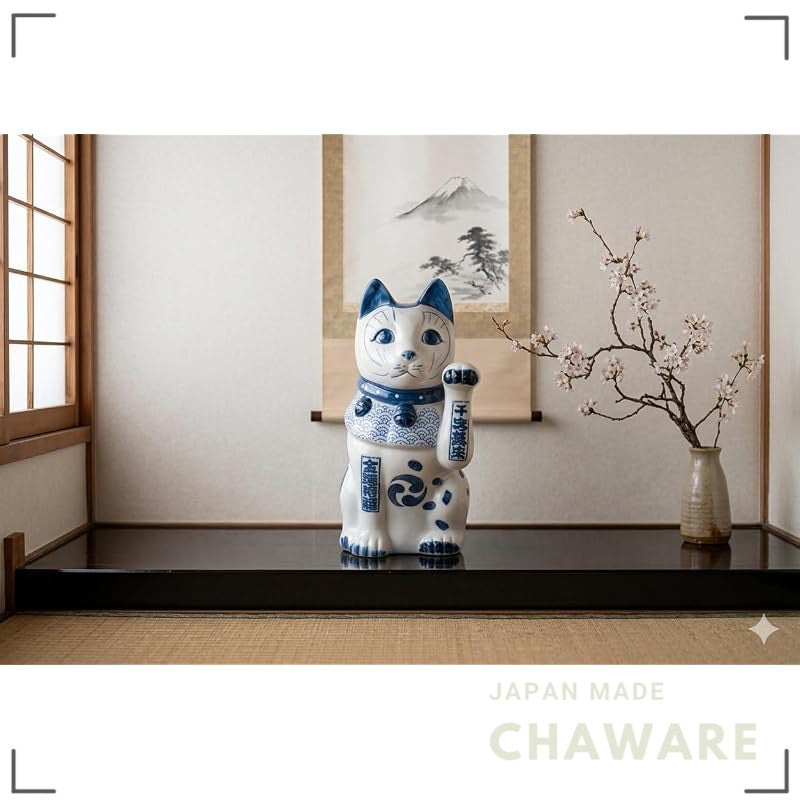 Japanese Seto Ware Blue-and-White Porcelain Maneki Neko Lucky Cat Left Paw Raised Home Decor