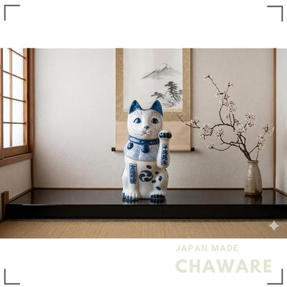 Japanese Seto Ware Blue-and-White Porcelain Maneki Neko Lucky Cat Left Paw Raised Home Decor