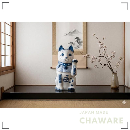 Japanese Seto Ware Blue-and-White Porcelain Maneki Neko Lucky Cat Left Paw Raised Home Decor