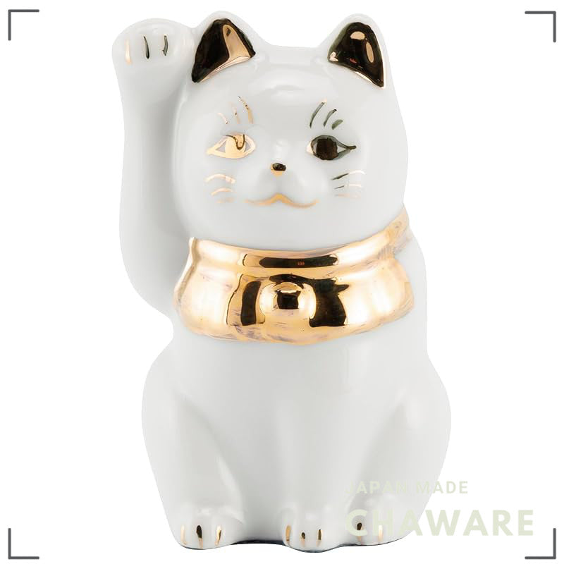 Seto Ware Maneki Neko White Right Paw Gold Accent Mini Ceramic Lucky Cat Ornament Made in Japan