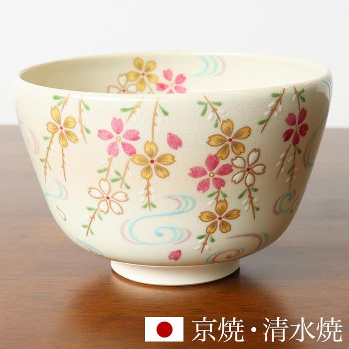 Kyo-yaki Kiyomizu-yaki Matcha Bowl “Sakura Flowing Stream” Cherry Blossom Tea Bowl with Wooden Box Made in Japan