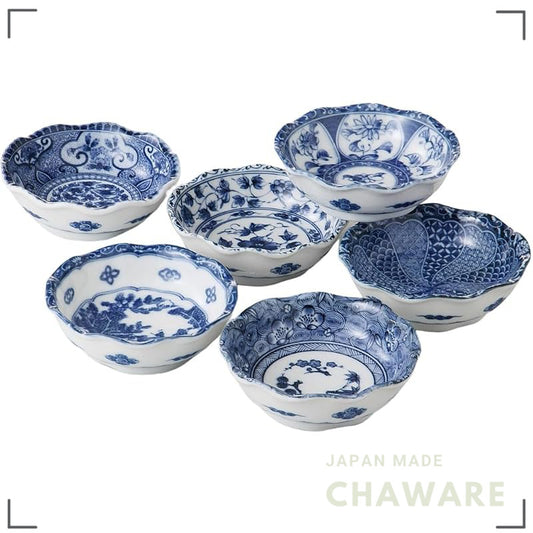 Ale-net Mino-yaki Porcelain Small Bowls Set of 6 9.5cm x3.5cm Indigo Japanese Tableware