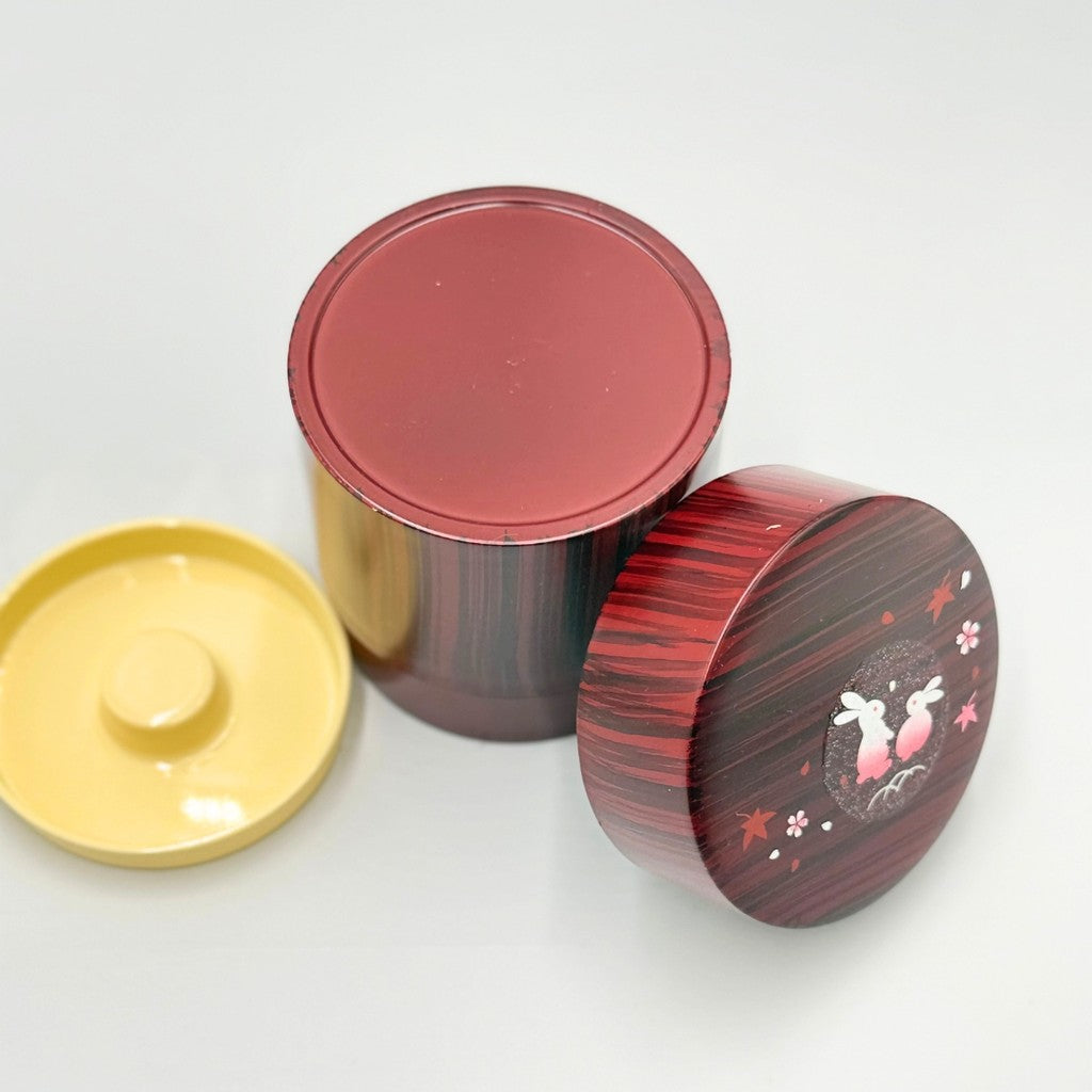 Nakatani Brothers Co. Yamanaka Lacquerware Tea Canister Wood Grain Lucky Rabbit 35-4517 – Handcrafted Japanese Tea Storage Container with Traditional Design.