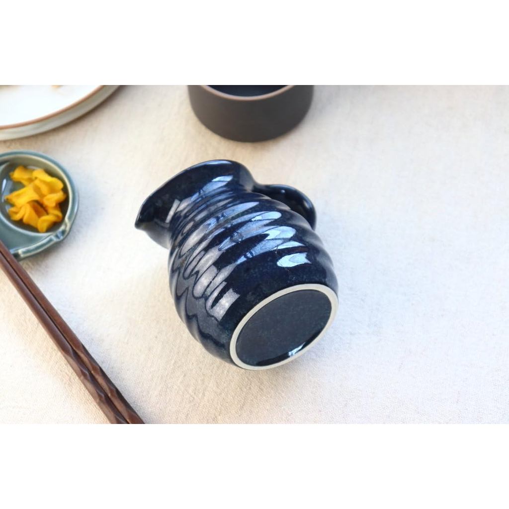 cerapockke Seto-yaki Tokkuri with Handle - Kiln-Glazed Navy Ceramic, Japan-made Sake & Sauce Pourer